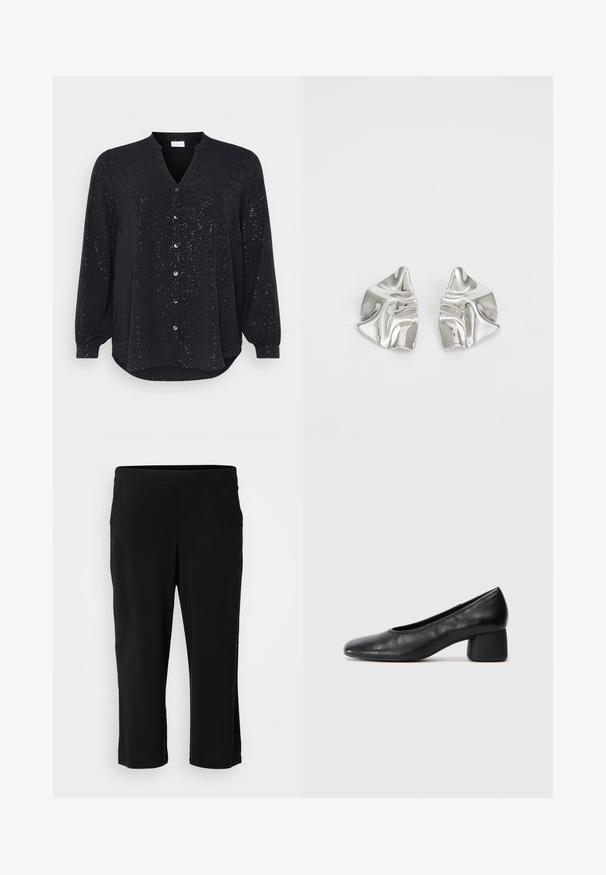 Schwarzes Langarmshirt mit V-Ausschnitt, das silberne Sprenkel aufweist, eine Knopfleiste hat und einen abgerundeten Saum besitzt, aus weichem Stoff gefertigt.; Schwarze, knöchellange Hosen aus weichem, dehnbarem Stoff; mit elastischem Bund und ohne sichtbare Taschen. Glatte Textur ohne Muster.; Schwarze Lederpumps mit runder Zehenpartie und mittelhohem Blockabsatz. Glatte Textur mit minimalen Details, ausgestattet mit einem dezenten elastischen Einstieg.; Silberne Metallohrringe mit einem wellenförmigen, skulpturalen Design, das eine polierte Oberfläche und unregelmäßige Formen aufweist, die eine zeitgenössische Ästhetik betonen.