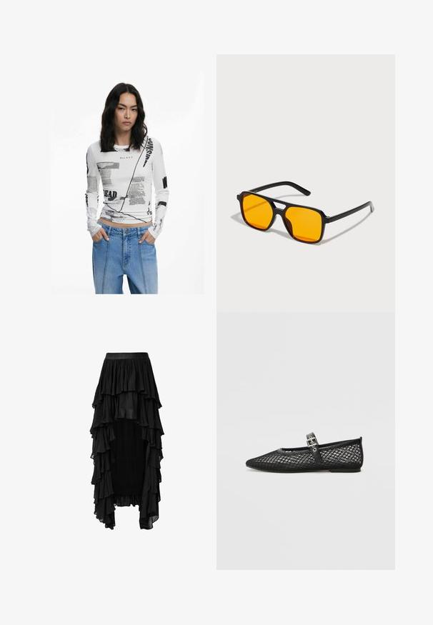 Top alb cu mânecă lungă, decorat cu texte grafice negre și imprimeuri abstracte. Textură rigidsă, guler rotund și design ajustat. Asortat cu blugi din denim.; Fustă maxi neagră, cu volane, confecționată dintr-un material ușor, având un brâu lat și o linie asimetrică a tivului.; Pantofii plat de plasă negri, cu vârful ascuțit, curea decorativă și detalii cu cataramă. Partea superioară texturată și o talpă netedă neagră.; Ochelari de soare negri dreptunghiulari cu lentile portocalii îndrăznețe. Au un design unic al punții și brațe elegante, realizate dintr-un material ușor.