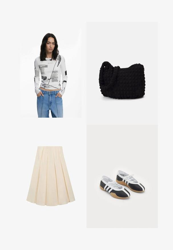 Vit långärmad topp med svart grafisk text och abstrakta tryck. Ribbad struktur, rundad halsringning och figurnära design. Parat med jeans.; Plisserad kjol i krämfärgad tyg; har mjuk struktur, medellång design och symmetriska plisseringar som sträcker sig från midjan till fållen.; Svartvita sportskor med en strömlinjeformad design, gummisula, snörning och tre vita ränder på sidorna.; Svart tygväska med en strukturerad, vadderad yta. Rund form, korta, tjocka handtag och en mjuk, flexibel struktur.