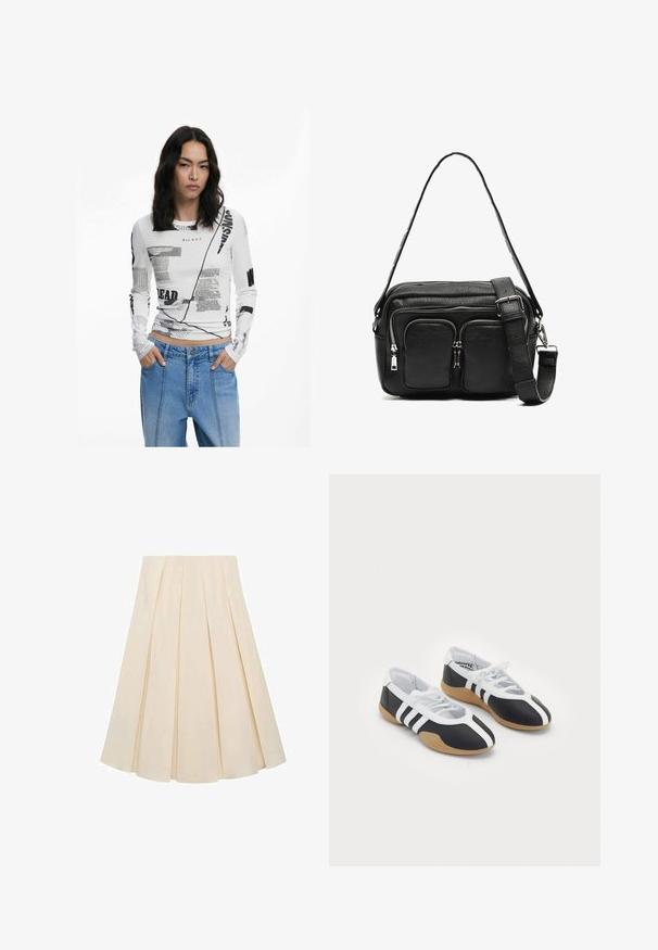 Top blanco de manga larga con texto gráfico negro y estampados abstractos. Textura acanalada, cuello redondo y diseño ajustado. Combinado con jeans de mezclilla.; Falda plisada en tejido color crema; presenta una textura suave, diseño de longitud media y pliegues simétricos que se extienden desde la cinturilla hasta el dobladillo.; Zapatillas deportivas en blanco y negro con un diseño elegante, suela de goma, cierre de cordones y tres franjas blancas en los lados.; Bolso cruzado de piel negra con dos bolsillos frontales con cremallera, forma estructurada, correa ajustable y superficie texturizada.