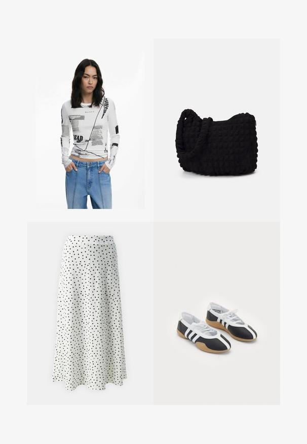 White long-sleeve top with black graphic text and abstract prints. Ribbed texture, crew neckline, and fitted design. Paired with denim jeans.; White midi skirt with black polka dots, featuring a textured fabric and a flared silhouette, finished with a subtle waistband.; Black and white athletic shoes with a sleek design, rubber sole, lace-up closure, and three white stripes on the sides.; Black fabric bag with a textured, quilted pattern. Rounded shape, short, thick handles, and a soft, flexible structure.