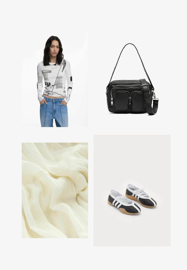 Vit långärmad topp med svart grafisk text och abstrakta tryck. Ribbad struktur, rundad halsringning och figurnära design. Parat med jeans.; Skrumpet vitt tyg med en mjuk, genomskinlig textur. Materialet har ett lätt, flödande utseende med subtila tonvariationer.; Svartvita sportskor med en strömlinjeformad design, gummisula, snörning och tre vita ränder på sidorna.; Svart läderaxelremsväska med två framzipfickor, en strukturerad form, justerbar rem och texturerad yta.