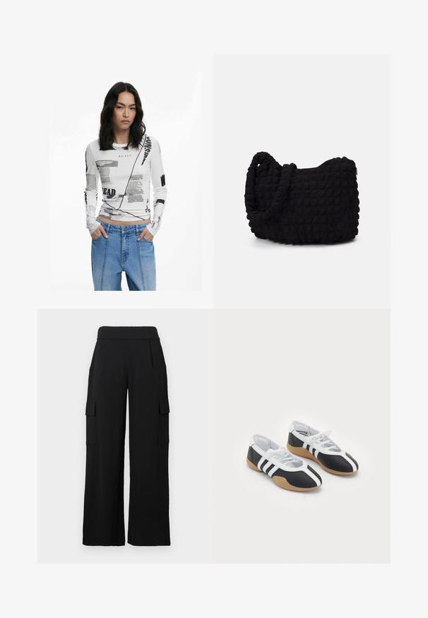 Vit långärmad topp med svart grafisk text och abstrakta tryck. Ribbad struktur, rundad halsringning och figurnära design. Parat med jeans.; Svarta cargobyxor med vida ben, tillverkade av ett mjukt, stretchigt tyg. Har två sidofickor med lock och hög midja.; Svartvita sportskor med en strömlinjeformad design, gummisula, snörning och tre vita ränder på sidorna.; Svart tygväska med en strukturerad, vadderad yta. Rund form, korta, tjocka handtag och en mjuk, flexibel struktur.