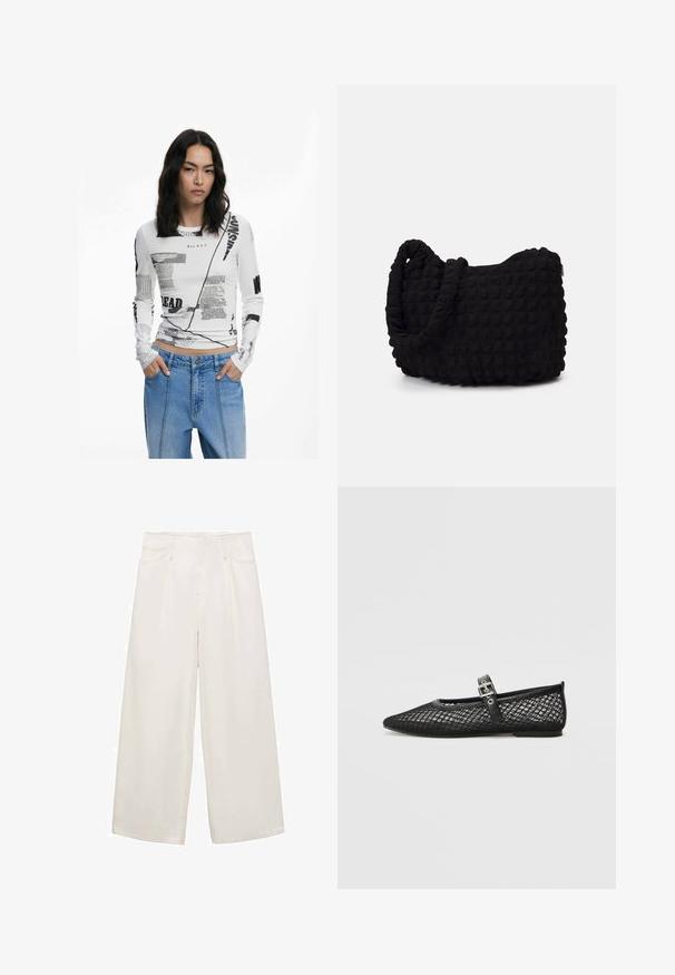 Vit långärmad topp med svart grafisk text och abstrakta tryck. Ribbad struktur, rundad halsringning och figurnära design. Parat med jeans.; Vida vida vita vita vita vita vita vita vida vita vita vita vita vita vita vita vita vita vita vita vita vita vita vita vita vita vita vita vita vita vida vita vita vida vida vida vita vida vida.; Svart nät platt sko med spetsig tå, dekorativ rem och spänne. Texturerad ovandel och en slät svart sula.; Svart tygväska med en strukturerad, vadderad yta. Rund form, korta, tjocka handtag och en mjuk, flexibel struktur.
