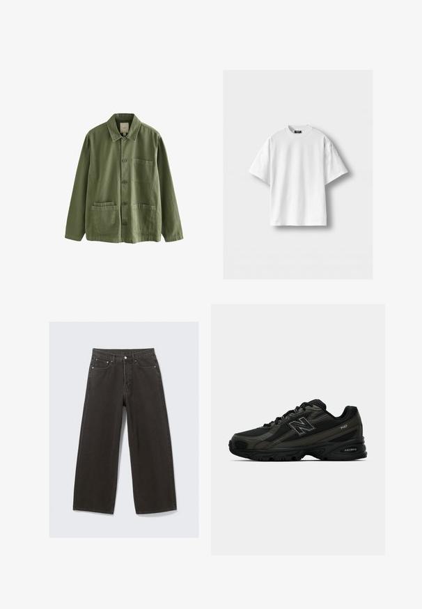 Õlivarju roheline puuvillane jakk, millel on nupuga ees, terav krae ja neli taskut. Omab vabalt istuvat lõiget ja pehmet tekstuuri.; Valge puuvillane T-särk lühikeste varrukatega, ümmarguse kaelusega ja lõdva lõikega. Sile tekstuur, ilma mustrite ja aktsentideta.; Laiad mustad teksad omavad kõrge vöökoha, viit taskut ja nööbiga sulgemist. Kangas on pehme ja tekstuuriga viimistlusega.; Mustad mustreda spordijalatsid tekstuurse sünteetilise pealmise osaga, millel on pehme tallaga ja silmatorkav "N" logo küljel. Disain sisaldab kergeid võrkkosid.