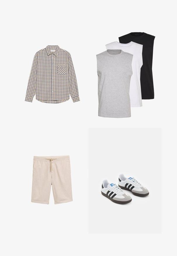 Camicia a maniche lunghe in plaid beige con quadrati blu, dotata di colletto button-down e una tasca sul lato sinistro del petto con un motivo a quadri diagonali.; Tre magliette senza maniche in grigio, bianco e nero. Materiale in cotone morbido con scollatura a girocollo e vestibilità rilassata. Design semplice, senza motivi.; Pantaloni corti in misto cotone beige con vita elasticizzata, dettaglio con cordoncino e orli arrotolati. Tessuto liscio, senza motivi né accessori.; Scarpe sportive con tomaia in pelle bianca, punta in suede grigia e tre strisce nere. Presentano un logo blu sulla linguetta e una suola in gomma testurizzata.