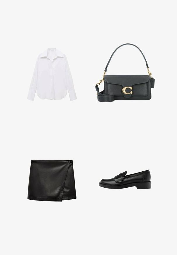 White long-sleeve button-up shirt with a classic collar, relaxed fit, side slits, and smooth texture made from lightweight fabric.; Black leather mini skirt with a wrap design, featuring a smooth texture and minimalistic style. No visible hardware or patterns.; Black leather loafer with a rounded toe, featuring a prominent stitched detail on the vamp and a low block heel for stability.; Black leather handbag with a gold hardware accent, featuring a signature clasp, a detachable shoulder strap, and textured surface.