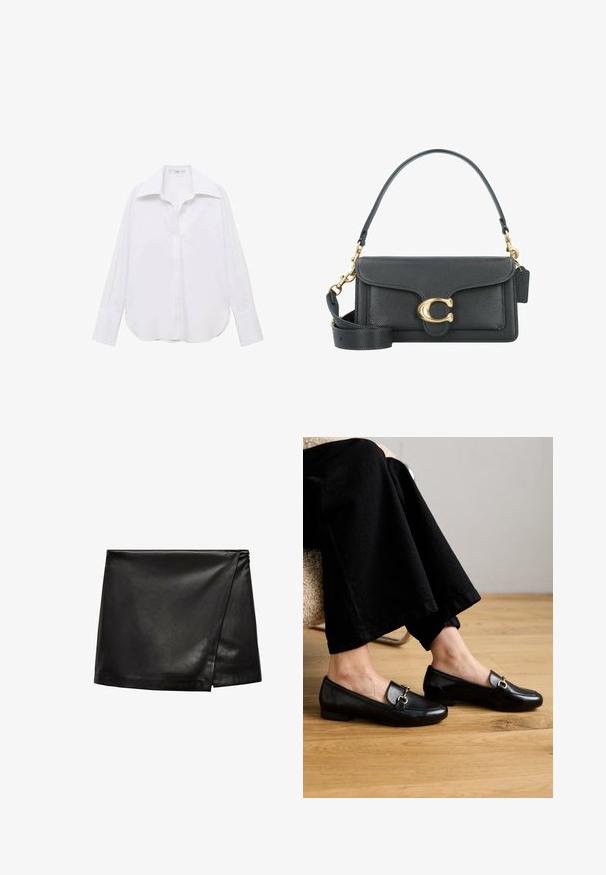 Vit långärmad skjorta med knappar och klassisk krage, avslappnad passform, sidoflikar och slät textur som är gjord av lättviktsmaterial.; Svart läder mini-kjol med en wrap-design, som har en slät textur och minimalistisk stil. Ingen synlig hårdvara eller mönster.; Svarta läderskor med kvadratisk tå och liten klack, med en guldfärgad dekorativ detalj på ovansidan.; Svart läderhandväska med guldmetallaccent, försedd med en signaturspänne, avtagbar axelrem och texturerad yta.