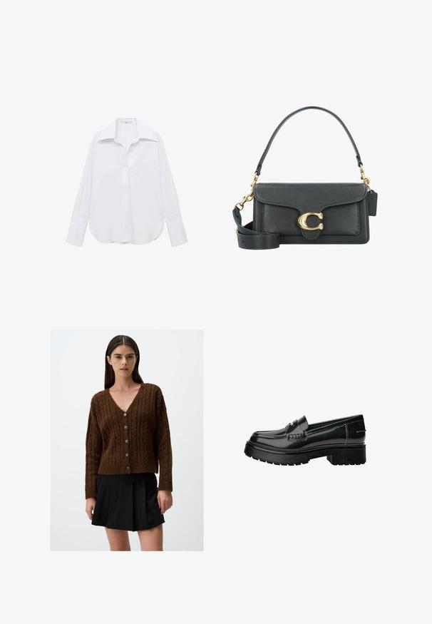 Weißes Langarm-Hemd mit Knopfleiste, klassischem Kragen, lässiger Passform, Seitenschlitzen und glatter Textur aus leichtem Stoff.; Brauner Kabelstrick-Cardigan mit V-Ausschnitt und sechs Knöpfen auf der Vorderseite; gerippte Bündchen und Saum. Getragen über einem schwarzen Plisseerock.; Schwarze Lacklederschlüpfer mit einer klobigen Sohle, ausgestattet mit einem dekorativen Riemen und subtilen Nähten. Gummierte Textur auf der Außensohle.; Schwarze Lederhandtasche mit goldenen Hardware-Akzenten, ausgestattet mit einem charakteristischen Verschluss, einem abnehmbaren Schultergurt und einer strukturierten Oberfläche.