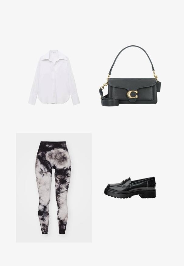 Bela srajca z dolgimi rokavi in gumbi, klasičnega ovratnika, sproščenega kroja, stranskimi razpoki ter gladke teksture, izdelana iz lahkotnega materiala.; Yogasearcher GENJI - Pajkice - black; Črne patent usnjene mokasine z debelim podplatom, opremljene z okrasnim pasom in subtilnimi šivi. Gumijasta tekstura na zunanjem podplatu.; Črna usnjena torbica z zlatim okovjem, ki se ponaša s prepoznavnim zapiralom, odstranljivim ramenskim trakom in teksturirano površino.