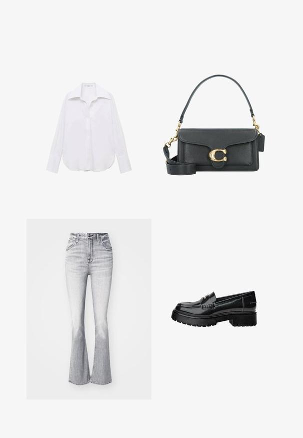 Bela srajca z dolgimi rokavi in gumbi, klasičnega ovratnika, sproščenega kroja, stranskimi razpoki ter gladke teksture, izdelana iz lahkotnega materiala.; Lee BREESE - Hlače - heavy ice; Črne patent usnjene mokasine z debelim podplatom, opremljene z okrasnim pasom in subtilnimi šivi. Gumijasta tekstura na zunanjem podplatu.; Črna usnjena torbica z zlatim okovjem, ki se ponaša s prepoznavnim zapiralom, odstranljivim ramenskim trakom in teksturirano površino.