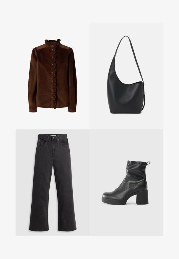 Chemise en velours côtelé marron avec col volant, boutonnière à l'avant et manches longues. Présente des accents métalliques aux épaules. Texture douce, design structuré.; Jeans larges en denim noir à taille haute, avec cinq poches et une fermeture à bouton en métal. Le tissu a une texture lisse et légèrement décolorée.; Bottes noires à la cheville en cuir lisse, dotées d'une fermeture éclair sur le côté, d'un talon épais texturé et d'une conception à bout rond.; Sac hobo en cuir noir avec une texture lisse, une forme incurvée et une seule sangle réglable ; dispose d'une large ouverture en haut.