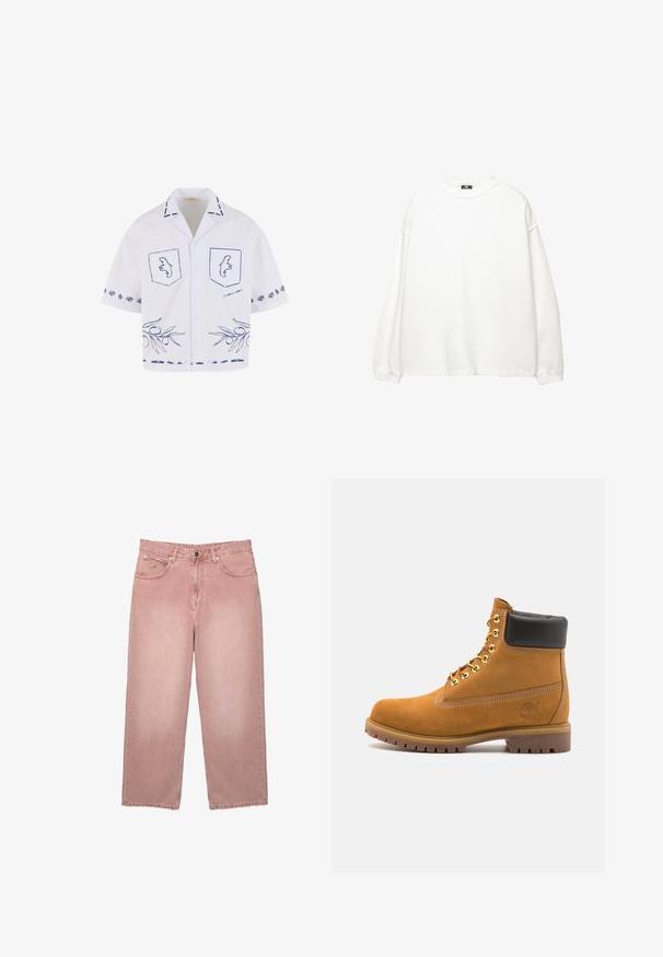 Kortärmad vit skjorta med blå grafiska mönster, inklusive fickor, olivkvistmönster och kontrasterande krags detaljer.; Vit långärmad sweatshirt i bomull. Har rundad hals, sänkta axlar och ribbade ärmslut. Slät yta utan mönster.; Högmidjade, vida jeans i blekt dammigt rosa med frampanelknapp, fickor och bältesöglor, visade mot en vit bakgrund.; Tan mockasins ankelstövlar med svart vadderad krage, guldmetallöglor, vit sömdekor och slitstöt gummisula med utmärkta mönster.