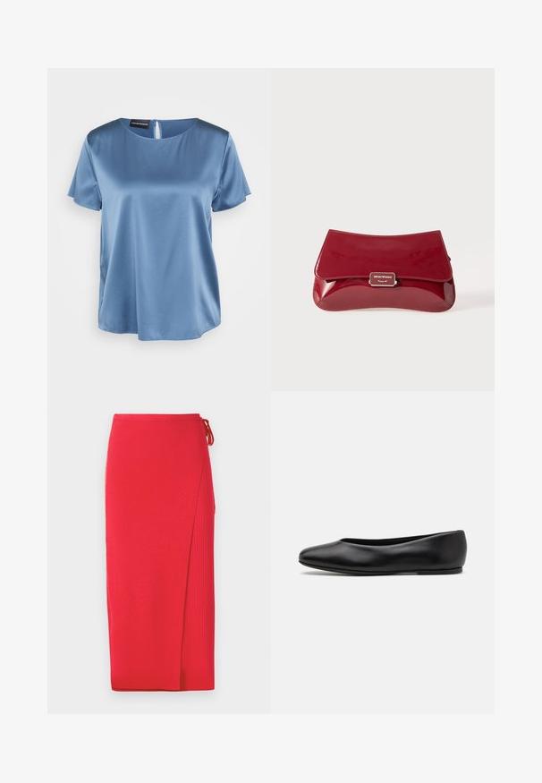 Blusa de satén azul de manga corta con escote cuadrado y cremallera en la espalda. Textura suave y ajuste ligeramente holgado.; Falda midi de punto canalé roja con una abertura lateral, que cuenta con un detalle de lazo en la cintura. Textura suave con una silueta ajustada.; Paul Smith TOPANGA - Bailarinas - black; Bolso de mano de charol rojo con un diseño curvado, solapa plegable y un acento de logo metálico en una placa plateada. Textura suave y brillante.