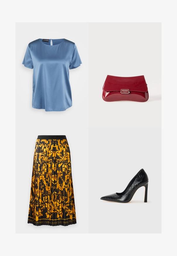 Zila satīna blūze īsām piedurknēm ar kvadrātveida izgriezumu un aizmugurējo rāvējslēdzēju. Gluda tekstūra un nedaudz brīvs piegriezums.; Plisēta svārki ar melnu audumu un dzīvīgu zelta ziedu rakstu. Jostasvieta ir melna ar reljefiem burtiem.; Melni augstpapēžu apavi ar norādītu purngalu, ar krokodila ādas tekstūru, izceļoties ar elegantu dizainu, augstu stiletto papēdi un gludu melnu interjeru.; Sarkans laka ādas clutch kabatas maisiņš ar izliekta dizaina, locīšanas vāku un metāla logotipa akcentu uz sudraba plāksnes. Gluda, spīdīga tekstūra.