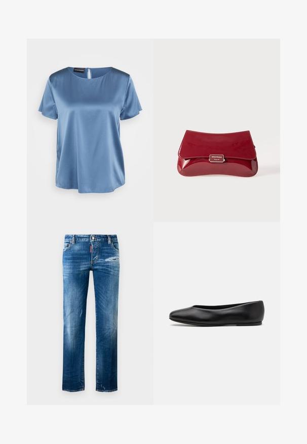 Sininen satiininen lyhythihainen paita, jossa on neliön muotoinen pääntie ja takana vetoketju. Sujuva kangas ja hieman löysä istuvuus.; Siniset kapeat farkut, joissa on hieno haalistuminen, pieni kuluma oikeassa reidessä ja vasemmassa helmassa, etutaskut, vyölenkit ja napitus.; Paul Smith TOPANGA - Ballerinat - black; Punainen lakattu nahkalaukku, jossa on kaareva muotoilu, taitettava läppä ja metallinen logohopeisella kilvellä. Sileä, kiiltävä pinta.