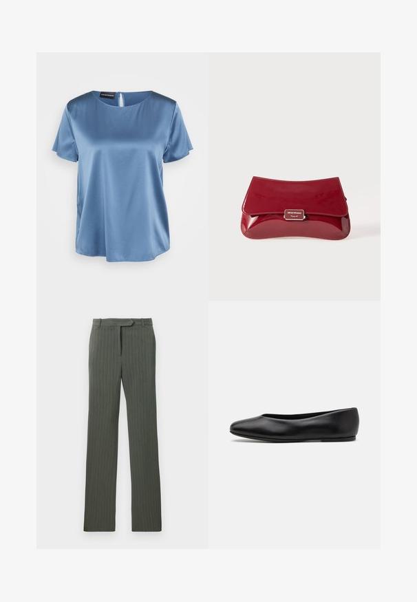 Blaue Satinbluse mit kurzen Ärmeln, quadratischem Ausschnitt und Rückenreißverschluss. Glatte Textur und leicht lockere Passform.; Dunkelgraue, taillierte Hose mit Nadelstreifen, Gürtelschlaufen und geradem Bein, flach auf einem weißen Hintergrund ausgelegt.; Paul Smith TOPANGA - Klassischer Ballerina - black; Rote Clutch aus Lackleder mit geschwungenem Design, umklappbarem Deckel und einem Metallschriftzug auf einer silberfarbenen Plakette. Glatte, glänzende Oberfläche.