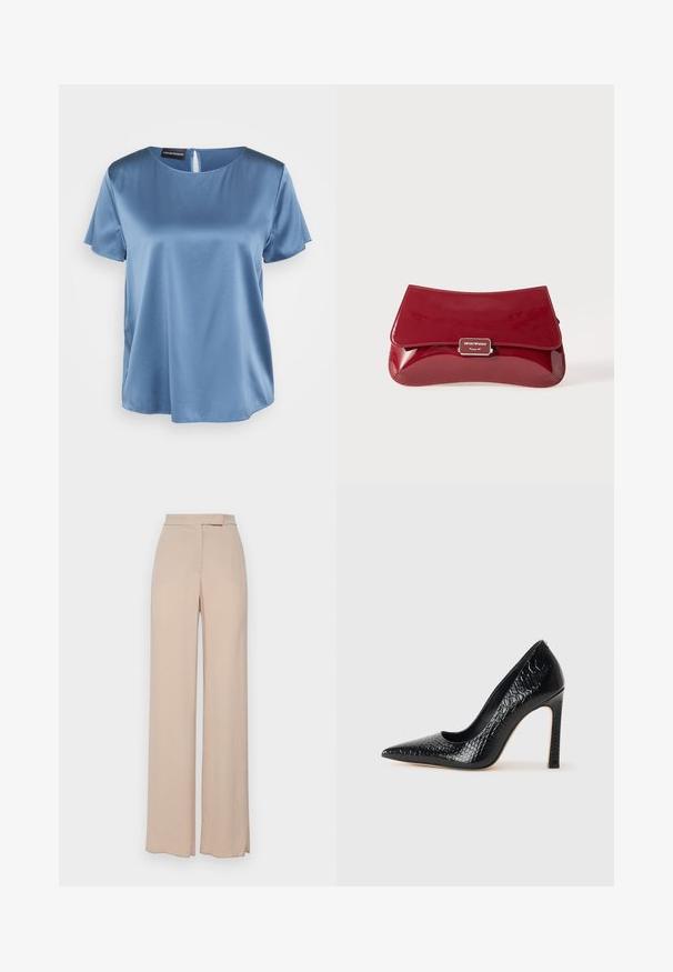 Kék selyem blúz, rövid ujjal, négyzet alakú nyakkivágással és hátsó cipzárral. Simaság jellemzi és enyhén laza fazonban készült.; Beige, bő szárú nadrág könnyű anyagból. Simogatós textúrával, elülső zsebekkel és diszkrét derékpánt kialakítással rendelkezik.; Fekete hegyes orrú magassarkú cipő krokodilbőr textúrával, letisztult dizájnnal, magas tűsarkú és sima fekete belső résszel.; Piros, lakkbőr clutch táska ívelt dizájnnal, hajtogatott fedéllel és fém logóval egy ezüst színű táblán. Simára csiszolt, fényes felület.