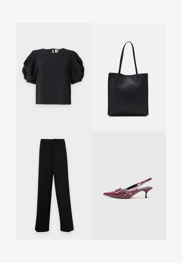 Melna blūze ar teksturētu virsmu, kurai ir apjomīgas piedurknes un apaļa izgriezuma kakla vieta. Aizmugurē ir aizdare ar mazu atvērumu.; Melnas platajās bikses, kas izgatavotas no gludas auduma, ar klasisku jostu un pogu aizdari, kā arī priekšējām kroku detalizācijām.; Burgundijas krāsas ādas slingback kurpes ar norādītu purngalu, mazu papēdi un dubultajām sprādzēm. Gluda tekstūra ar detaļām, kas izšūtas.; Melnas ādas somiņa ar gludu tekstūru, taisnstūra formu un divām garām rokturiem. Nav redzamu aparatūras vai rotājumu.