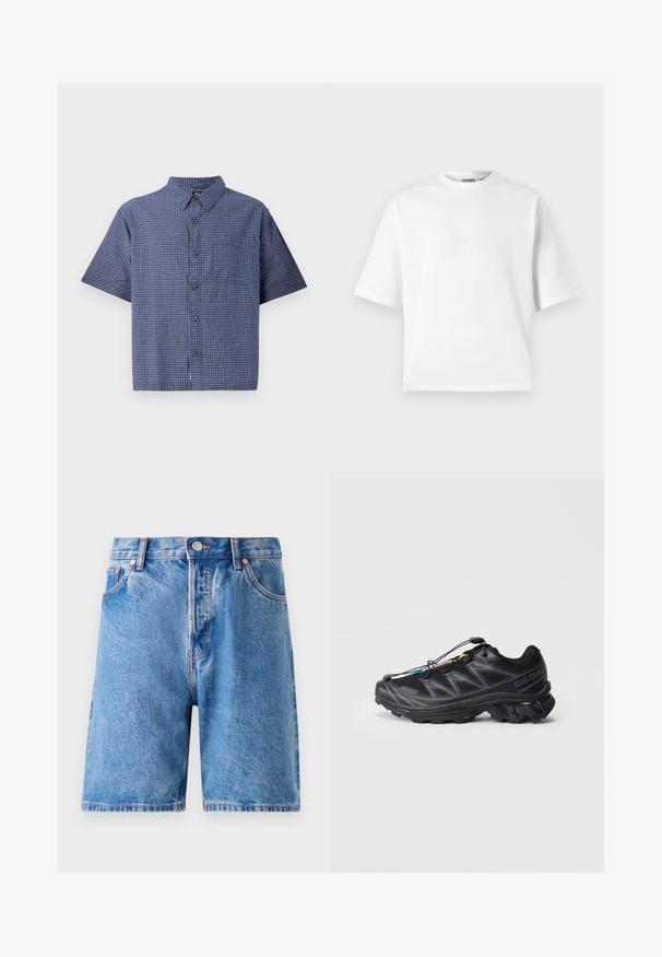 Lühikeste varrukatega nööbiga särk sinise ruudulise mustriga. Omab kraed, esist taskut ning kerget kangast, millel on mugav lõige.; Valge lühikeste varrukatega T-särk, mis on valmistatud puuvillast. Omab klassikalist ümarat kaelust ja mugavat lõiget, millel on sile tekstuur. Ei mingeid mustreid ega aktsente.; Heledad sinised teksapüksid, millel on kulunud välimus. Omab klassikalist viit taskut, nööbiga kinnitust ja vasktoonilisi nitte.; Mustad must sportlik jalanõud tekstureeritud võrkkattega, tugevdatud varbaga ja kiire kinnitusüsteemiga. Omab jämedat talda ja kerget kontsahaardust.