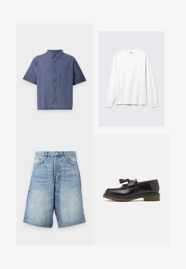 Lyhythihainen napillinen paita sinisessä ruutukuosissa. Varustettu kauluksella, etutaskulla ja kevyellä kankaalla, jossa on rento istuvuus.; Valkoinen pitkähihainen pyöreäkauluksinen paita, jossa on ribbireunat hihoissa ja pieni brändilappu "WEEKDAY" kaula-aukon sisäpuolella.; Vaaleansiniset farkkushortsit, joissa on haalistunut pesu. Ominaisuuksiin kuuluu nappikiinnitys, vyölenkit ja kaksi etutaskua.; Ruske nahkate loafere z woveno zasnovo, z detajlom v obliki resic in ravnim gumijastim podplatom. Imajo gladek zaključek in kontrastno šivanje.