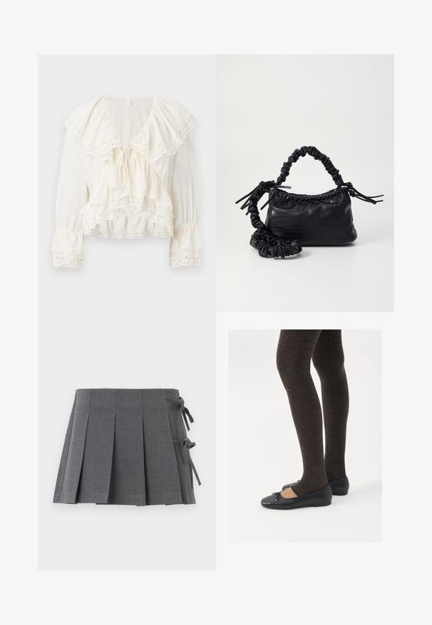 Bela bluzica z večplastnim, nabranim dizajnom, čipkastim obodom na rokavih in robu ter V-izrezom z vrvico za zapiranje.; Siva plisirana krila z elastičnim pasom in trakom, izdelana iz teksturiranega blaga, z čistim rezom in brez vidne kovine.; Črne ravne čevlje z majhnim lokom na prstih, v kombinaciji s temno rjavimi rebrastimi nogavicami. Čevlji imajo gladko teksturo in nizko obliko.; Črna torbica iz umetnega usnja s krokodilovo teksturo, z zvitim vrhom in zmečkano naramico. Zdi se mehka in kompaktna v oblikovanju.