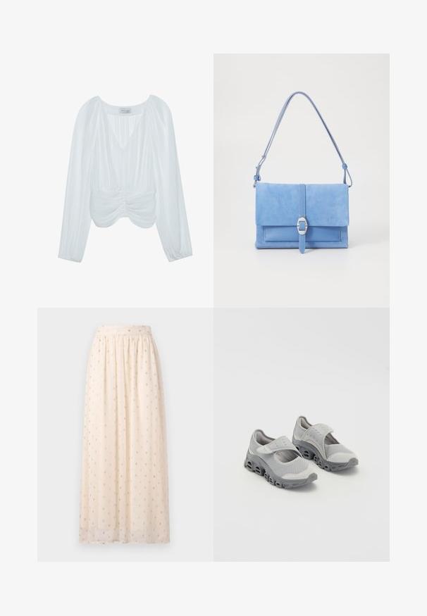 Weiße Bluse mit langen Ärmeln, V-Ausschnitt, plissierter Textur, gerafften Akzenten an der Taille und elastischen Manschetten. Markenetikett innen sichtbar.; Hellblaues Kurzarmoberteil mit Stehkragen, tailliertem Schnitt, gerafften Details an den Schultern und einem verdeckten Reißverschluss am Rücken.; Hellbeige Maxi-Rock aus transparenter Stoff, mit goldenen Punktstickereien und einem elastischen Bund, fließendem Design und weicher Textur.; Grau Schuhe aus leichtem Material mit einem Oberteil aus Netzgewebe und einer gepolsterten Zwischensohle. Besitzt einen Klettverschluss und eine abgerundete Zehe mit einem durchbrochenen Sohlen-Design.; Blaue Wildleder-Handtasche mit einem glatten Lederboden, einem umklappbaren Deckel, silbernem Schnallendetail und einem langen, verstellbaren Tragegurt.; Silbernes herzförmiges Medaillon-Halsband mit kunstvollen Gravuren, aufgehängt an einer feinen Kette, mit einem polierten metallischen Finish.