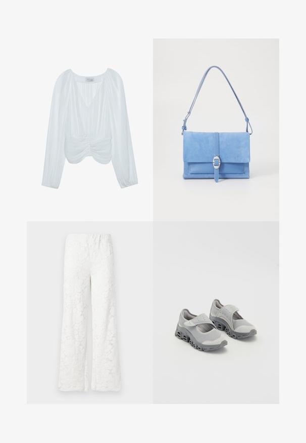 Witte blouse met lange mouwen, V-hals, geplooide textuur, plooien in de taille en elastische manchetten. Merkenlabel zichtbaar aan de binnenkant.; Lichtblauw kort mouwtop met een hoge kraag, aangesloten ontwerp, geplooide details op de schouders en een verborgen rits aan de achterkant.; Witte bloemenkant wijduitlopende broek met een elastische tailleband, gekenmerkt door een gestructureerde stof en een delicaat bloemenpatroon overal.; Grijze lichtgewicht schoenen met een bovenwerk van mesh en een gevoerde tussenzool. Voorzien van een klittenband en een afgeronde neus met een uitgesneden zoolontwerp.; Blauwe nubuck handtas met een gladde leren basis, een omvouwflap, een zilveren sluiting en een lange verstelbare schouderriem.; Zilveren hartvormige medaillon ketting met sierlijke gravures, hangend aan een fijne ketting, met een gepolijste metalen afwerking.