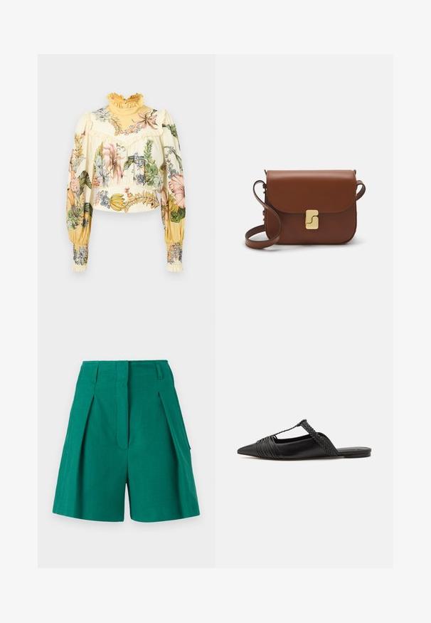 Alemais OLEANDER - Bluse - multi coloured; Grüne Shorts aus strukturiertem Stoff mit Falten-Details und Seitentaschen. Das Design ist tailliert mit einer hohen Taille und geradem Schnitt.; Schwarzer Leder-Slingback-Schuh mit spitzem Zehenbereich, ausgestattet mit einem geflochtenen Akzent und einem gefalteten Oberdesign. Flache Sohle mit minimalem Zubehör.; Braune Ledertasche mit Klappenverschluss, Beschlägen in Goldfarbe, einem Schultergurt und einer glatten Oberfläche. Kompakte rechteckige Form.