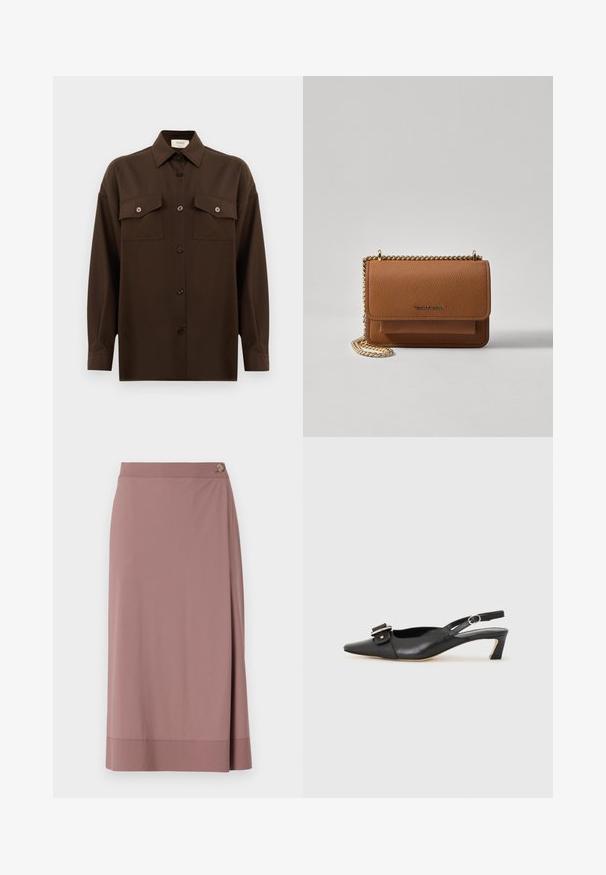 Tamno smeđa dugosleeve košulja s dugim rukavima i dugmadi, s dva džepa s preklopom na prsima i klasičnim ovratnikom, prikazana na jednostavnoj bijeloj pozadini.; Svijetlopinkana suknja do koljena od glatkog materijala s detaljem gumba sa strane. Ima dizajn koji se obavija i ravni rub s suptilnim završetkom.; Crne kožne sandale s remenčićem i šiljastim vrhom, malim potpeticama i dekorativnom kopčom na gornjem dijelu. Glatka tekstura, minimalistički dizajn.; Smeđa kožna torba preko tijela s teksturom, zlatnim lančićem i preklopom na zatvaranju. Na prednjoj strani nalazi se detalj s potpisom i džep ispod preklopa.