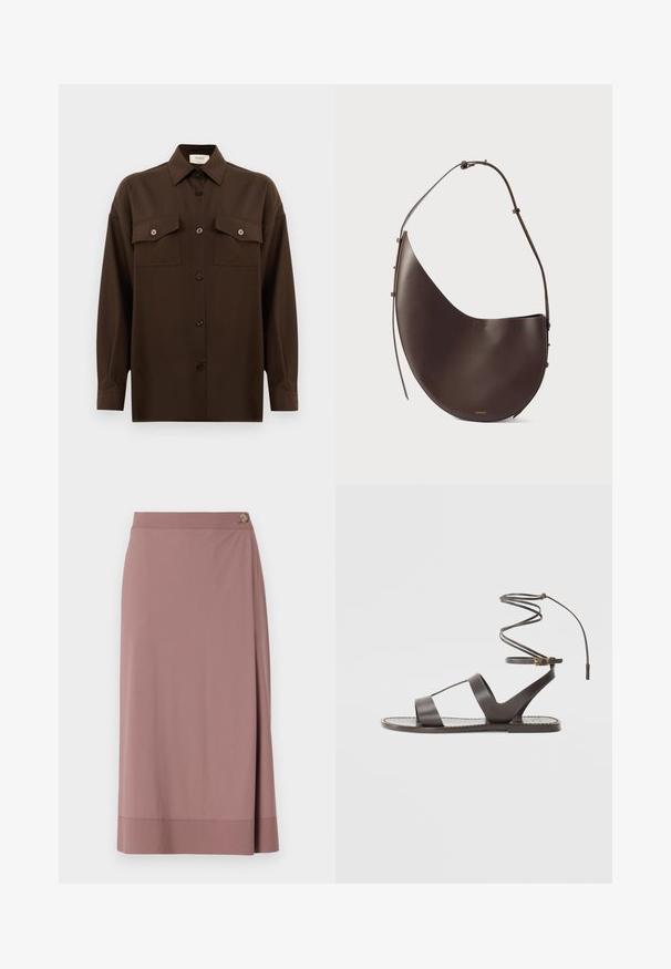 Mørkebrun langærmet skjorte med knaplukning, to brystlommer med klap og en klassisk krave, præsenteret mod en helt hvid baggrund.; Lys pink knælang nederdel i glat materiale med en sidelukning. Har et omslag design og en lige kant med en subtil finish.; Brun lædersandal med flad sål, der har et minimalistisk design, buet ankelrem og flere udskæringer for åndbarhed.; Brun læderhåndtaske med en buet form, enkelt rem og minimalistisk design. Har et diskret logo og detaljer i guld.