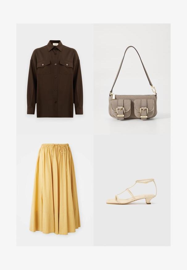 Tumma ruskea pitkähihainen napitettava paita, jossa on kaksi läpällistä rintataskua ja klassinen kaulus, esiteltynä yksinkertaista valkoista taustaa vasten.; Pitkä keltainen hame, jossa on joustava vyötärö ja naru. Kevyestä kankaasta valmistettu, jossa on kerättyjä laskoksia virtaviivaista muotoilua varten.; Beige-korkon sandalit, joissa on T-nauha muotoilu, neliön muotoinen varvas, säädettävä nilkkahihna ja matala, lohkare-korko. Sileä nahkamateriaali.; Beige käsilaukku, jossa on säädettävä olkahihna, kaksi etutaskua, jotka on varustettu soljilla, ja kultaiset yksityiskohdat. Vetoketjusulku ylhäällä.