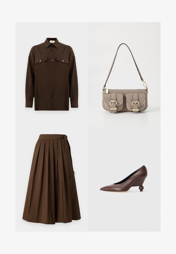 Dunkelbraunes Langarmhemd mit Knopfleiste, zwei Brusttaschen mit Klappe und klassischem Kragen, vor einem schlichten weißen Hintergrund präsentiert.; Brauner, plissierter Rock aus einem glatten Stoff mit hoher Taille und seitlichem Bindedetail zur SchlieĂźung.; Braune Leder-Wedge-Pumpe mit spitzem Zeh und runder, ballförmiger Ferse. Glatte Textur mit einem schlichten Design und minimalen Akzenten.; Beige strukturiertes Handtäschchen mit verstellbarem Tragegurt, zwei vorderen Taschen, die mit Schnallen gesichert sind, und goldenen Metallakzenten. Reißverschlussöffnung oben.
