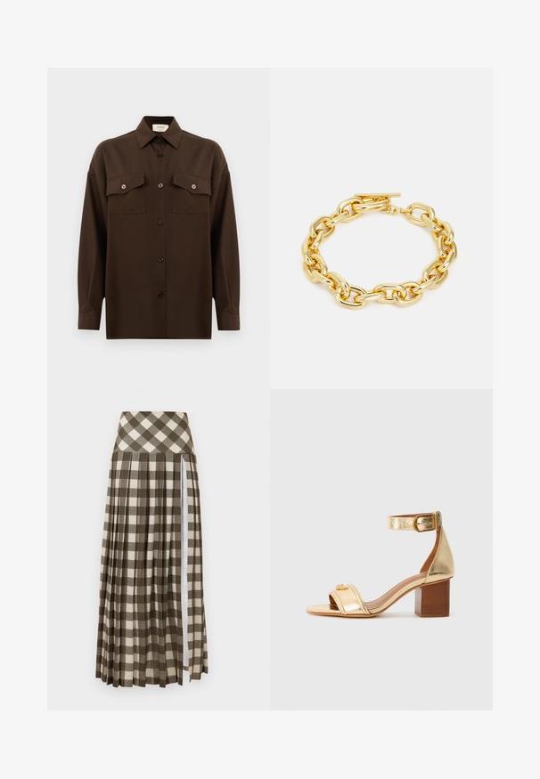 Dark brown long-sleeve button-up shirt with two flap chest pockets and a classic collar, displayed against a plain white background.; Long, pleated skirt featuring a brown and beige checkered pattern. High waist design with a side slit and soft fabric texture.; Gold metallic heeled sandal with a wide strap across the toes, ankle strap with buckle, and a block heel. Smooth texture, minimal detailing.; Rabanne XL LINK NECKLACE - Necklace - gold-coloured