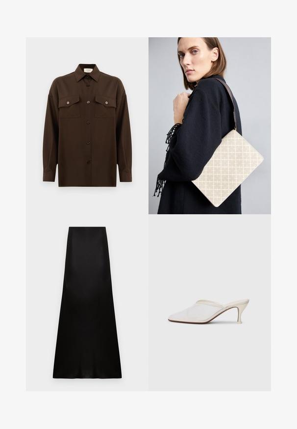 Tumepruun pikkade varrukatega nööbitav särk kahe klapp-taskuga rinnal ja klassikalise kraega, esitlemiseks lihtsa valge tausta ees.; Pikk must satiinseelik kõrge vöökohaga ja kergelt lehviva äärega valgel taustal.; Valge võrkmaterjalist teravatoa mulli king, millel on peen keskmise kõrgusega konts ja libisev disain, tühjal taustal.; Beez värviga mustriga õlakott, millel on struktureeritud kuju ja pruuni tekstuuriga rihm. Kandnud mudel halli tausta ees.