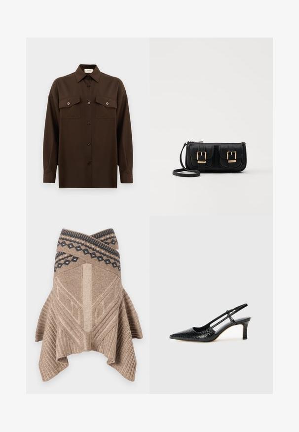 Dark brown long-sleeve button-up shirt with two flap chest pockets and a classic collar, displayed against a plain white background.; Beige knit poncho featuring a ribbed texture, geometric design, and a contrast patterned border in dark blue. Draped, asymmetrical hem.; Black patent slingback heel with a pointed toe, featuring textured snake print, adjustable strap, and a short, textured block heel.; Black leather crossbody bag with two front pockets, gold buckles, zipper closure, and a slim strap. Textured surface and compact rectangular shape.