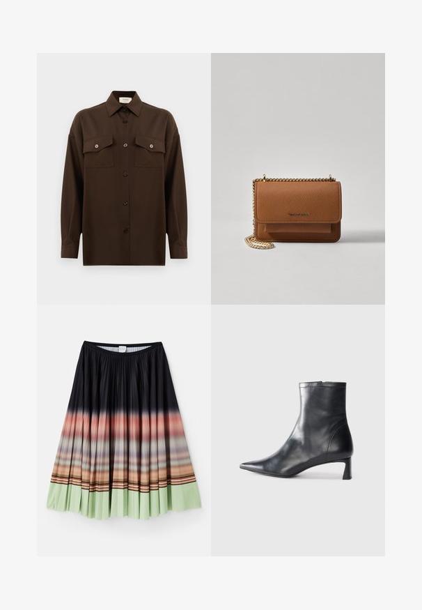 Tamno smeđa dugosleeve košulja s dugim rukavima i dugmadi, s dva džepa s preklopom na prsima i klasičnim ovratnikom, prikazana na jednostavnoj bijeloj pozadini.; Crna plisirana suknja s ombre gradijentom koji prelazi s narančaste na mentol zelenu na rubu, s šarenim prugastim akcentima.; Crne kožne gležnjače s uskim vrhom i elegantnim dizajnom. Imaju niski potpetak i zatvaranje na patentni zatvarač straga. Glatka tekstura.; Smeđa kožna torba preko tijela s teksturom, zlatnim lančićem i preklopom na zatvaranju. Na prednjoj strani nalazi se detalj s potpisom i džep ispod preklopa.