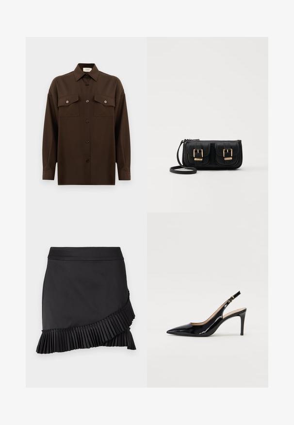 Camicia marrone scuro a maniche lunghe con bottoni, dotata di due tasche a pattina sul petto e colletto classico, mostrata su uno sfondo bianco uniforme.; Gonna nera con orlo pieghettato, caratterizzata da un design elegante, una texture liscia e un taglio asimmetrico lungo il bordo inferiore.; Pumps slingback in pelle verniciata nera con punta affilata, tacco sottile e un design con ritagli delicati. Caratterizzate da una fibbia dorata sul cinturino.; Borsa a tracolla nera in pelle con due tasche frontali, fibbie dorate, chiusura con zip e una tracolla sottile. Superficie texturizzata e forma rettangolare compatta.
