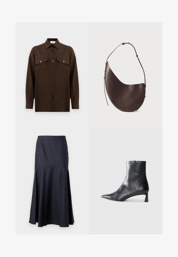 Tmavě hnědá košile s dlouhým rukávem a knoflíky, se dvěma kapsami na hrudi a klasickým límečkem, vystavená na čistém bílém pozadí.; Černá sukně A-line s vysokým pasem a švem pod boky, rozšiřující se ke spodnímu okraji, vystavená na jednobarevném pozadí.; Černé kožené kotníkové boty s špičatou špičkou a elegantním designem. Mají nízký podpatek a zipové zapínání na zadní straně. Hladká textura.; Hnědá kožená kabelka s zakřiveným tvarem, jedním popruhem a minimalistickým designem. Obsahuje nenápadné logo a zlaté kovové prvky.