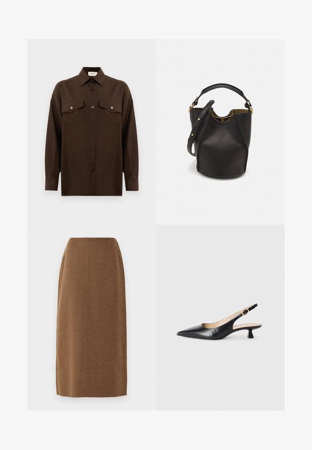 Sötétbarna, hosszú ujjú, gombos ing, két zsebével a mellén és klasszikus gallérral, egyszerű fehér háttér előtt bemutatva.; Barna, térdig érő szoknya, puha anyagból, sima textúrával és egyenes szabással; finom varrási részletek találhatók az oldalain.; Fekete bőr slingback kiskeretes cipő hegyes orral és arany csattal az oldalszíjban, fehér háttéren.; Fekete bőr vödör táska texturált felülettel, arany hardware részletekkel és nyitott tetejével. Rövid fogantyúval és állítható vállpánttal rendelkezik.