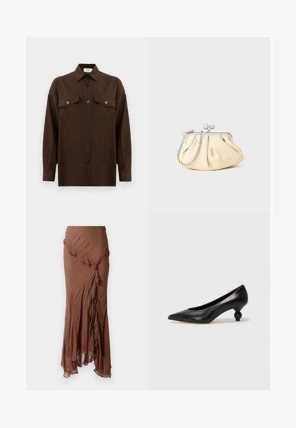 Sötétbarna, hosszú ujjú, gombos ing, két zsebével a mellén és klasszikus gallérral, egyszerű fehér háttér előtt bemutatva.; Barna, hosszú szoknya könnyű anyagból. Aszimmetrikus szegélyén fodros kialakítás jellemzi, és lengő sziluettel rendelkezik.; Fekete bőr magassarkú cipő, hegyes orral és kerek, gömbölyű sarokkal. Simább textúrával, elegáns, minimalista dizájnnal.; Pleátolt bézs bőr válltáska ezüst fém kerettel, két kerek díszcsattal és ezüst lánc pánttal.
