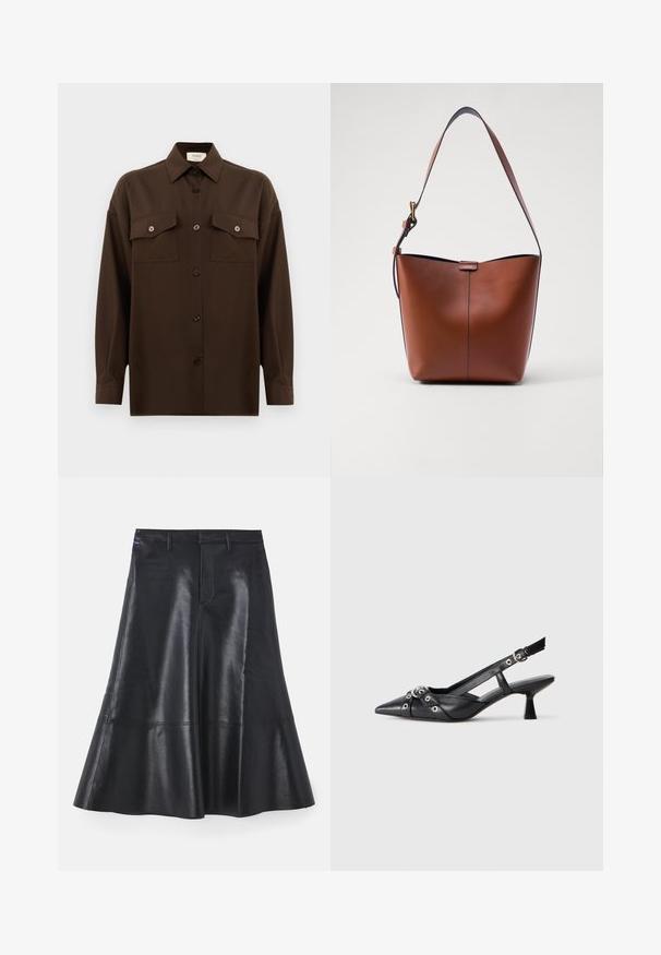 Camisa de botões de manga longa castanho-escuro, com dois bolsos de aba no peito e um colarinho clássico, apresentada contra um fundo branco liso.; Saia de pele preta com um design evasé, de comprimento médio, apresentando uma textura suave e detalhes de costura discretos na barra.; Sapato slingback em couro preto com biqueira fina, tiras decorativas com ilhós de metal e um pequeno salto quadrado. Superfície texturizada.; Bolsa de ombro castanha em couro, com um formato curvado, textura suave e uma única alça fina. Apresenta uma costura subtil e um pequeno detalhe do logo.
