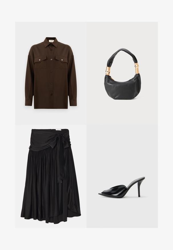 Tmavohnedá košeľa s dlhým rukávom, na gombíky, s dvoma vreckami na hrudi a klasickým golierom, umiestnená na jednoduchom bielom pozadí.; Čierna sukňa vyrobená z hladkej, splývavej látky; obsahuje široký, drapovaný pás s viazaním a plisované detaily pre vzdušný tvar.; Čierne kožené vysoké podpätky s otvorenou špičkou, špicatý dizajn, hladká textúra a štíhly stiletto podpätok.; Čierna kožená kabelka s guľatým tvarom, príjemnou textúrou a uzlíkovou rukoväťou s akcentmi zlatého tónu. Zipsové uzatvorenie.
