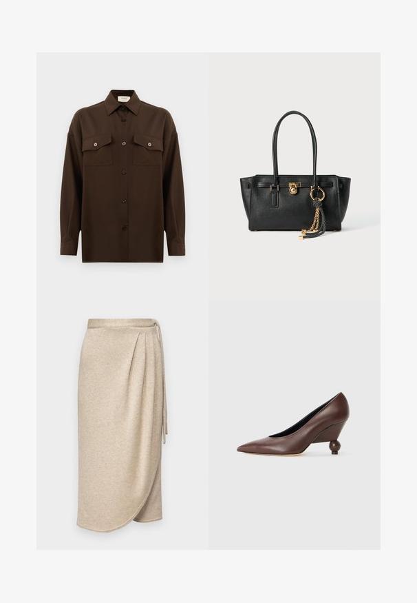 Camicia marrone scuro a maniche lunghe con bottoni, dotata di due tasche a pattina sul petto e colletto classico, mostrata su uno sfondo bianco uniforme.; Gonna avvolgente beige realizzata in un tessuto morbido e testurizzato con una leggera lucentezza. Presenta una vita legata e un design drappeggiato con un orlo che curva dolcemente.; Pantofole a zeppa in pelle marrone con punta affusolata e tacco arrotondato a forma di sfera. Texture liscia con un design semplice e accenti minimi.; Borsa a mano in pelle nera con doppi manici, lucchetto dorato e dettaglio a catena, accessorio con nappina in bianco e nero su sfondo bianco.