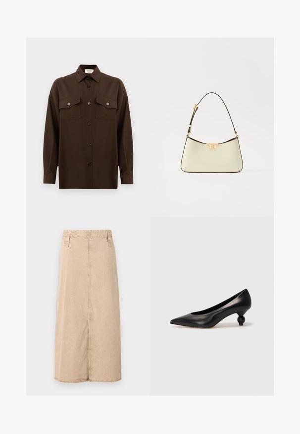 Mørkebrun langærmet skjorte med knaplukning, to brystlommer med klap og en klassisk krave, præsenteret mod en helt hvid baggrund.; Beige denimskirt med længde til midt på læggen, med en oprevet kant, to sidelommer og syninger på taljebåndet.; Sort læder høje hæle med spids tå og rund, kugleformet hæl. Glat tekstur med et stilrent, minimalistisk design.; Læder håndtaske i cremefarve med en buet form. Har et guldfarvet logo som accent og en tynd, justerbar mørk skulderrem.