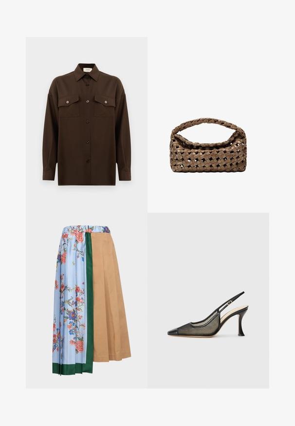 Dark brown long-sleeve button-up shirt with two flap chest pockets and a classic collar, displayed against a plain white background.; WEEKEND MaxMara OPEROSO - A-line skirt - beige; Black slingback high-heeled shoe featuring a pointed toe, mesh detailing, and a smooth leather cap. Colors include black and beige accents.; Woven brown handbag with a rectangular shape, structured handle, and textured surface. Features a closed top and intricate weaving pattern.