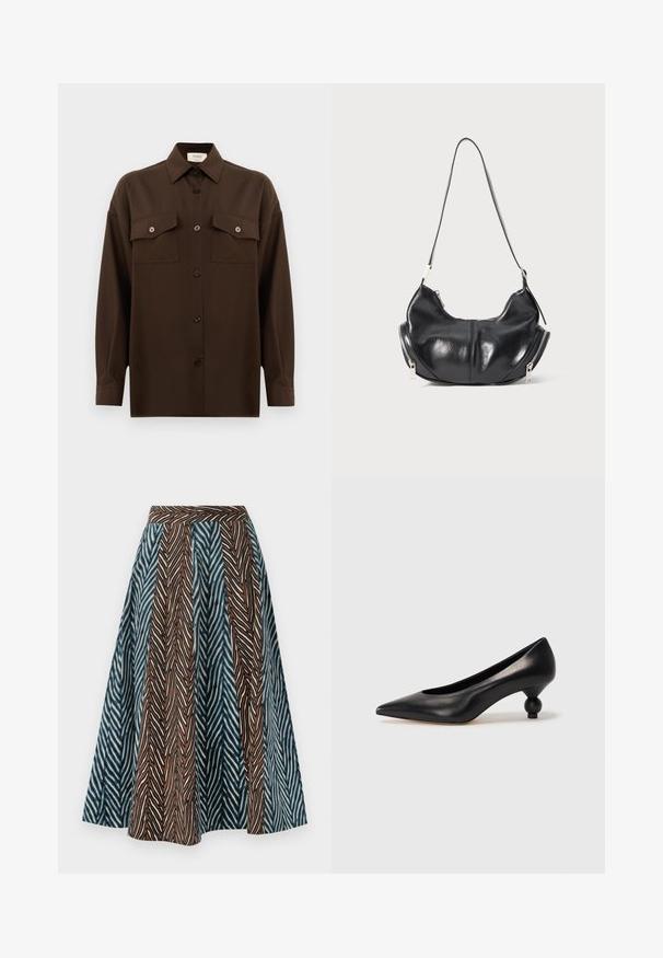 Tumepruun pikkade varrukatega nööbitav särk kahe klapp-taskuga rinnal ja klassikalise kraega, esitlemiseks lihtsa valge tausta ees.; Pruun ja sinine midi seelik, millel on sakiline muster, volditud disain ja sobiv vöökoht. Valmistatud kergetest kangast.; Must musta kõrge kontsaga king, millel on terav nina ja ümar, pallikujuline konts. Sile pind ja elegantne, minimalistlik disain.; Must musta kuju õlaline kott, millel on hõbedased tõmblukud mõlemal küljel ja üks rihm.