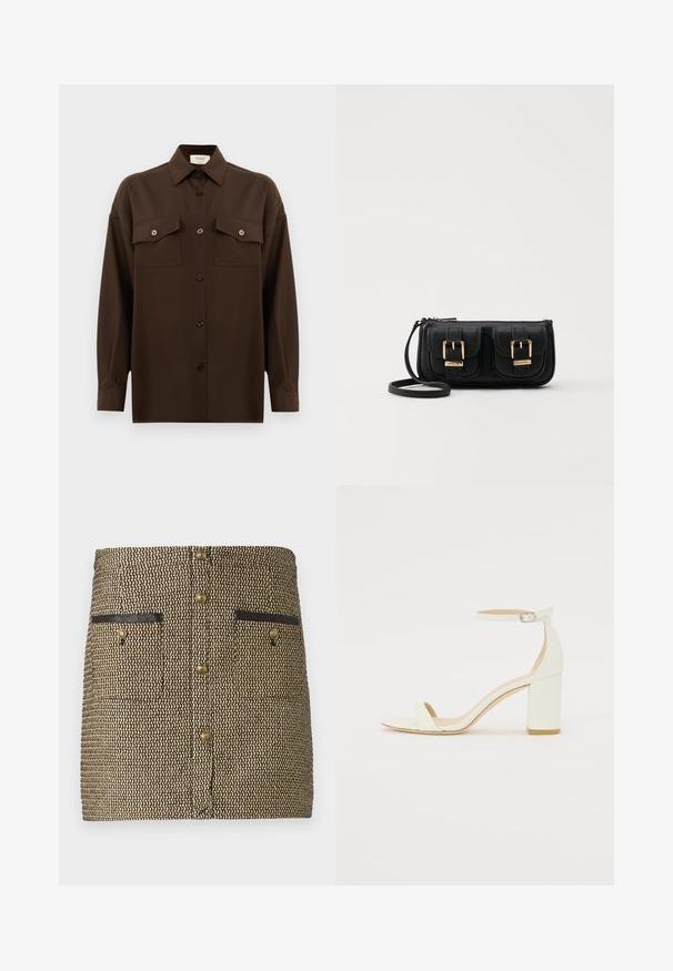Dark brown long-sleeve button-up shirt with two flap chest pockets and a classic collar, displayed against a plain white background.; Woven skirt featuring a black and gold pattern, two front pockets with black accents, and gold buttons down the center.; White leather block-heel sandal featuring an ankle strap with a buckle and minimalist design. Open toe and smooth textures throughout.; Black leather crossbody bag with two front pockets, gold buckles, zipper closure, and a slim strap. Textured surface and compact rectangular shape.