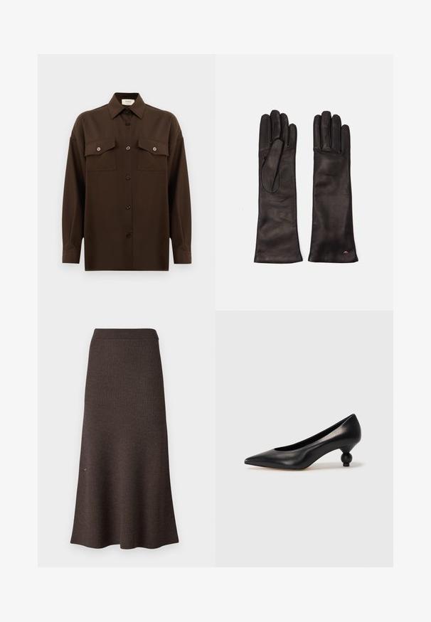 Chemise à manches longues brun foncé avec boutons, dotée de deux poches poitrine à rabat et d'un col classique, présentée sur un fond blanc uni.; Jupe en maille côtelée marron, de forme évasée et avec une taille élastique. La texture est douce, avec une finition lisse et des bords nets.; Chaussure à talon haut en cuir noir avec un bout pointu et un talon arrondi. Texture lisse avec un design épuré et minimal.; Weekend Max Mara SENAPE - Gants - nero