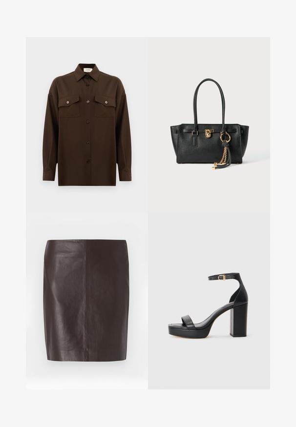 Chemise à manches longues brun foncé avec boutons, dotée de deux poches poitrine à rabat et d'un col classique, présentée sur un fond blanc uni.; Jupe en cuir brun avec une coupe droite, texture lisse et couture minimale. Présente un design mi-long sans embellissements.; Sandales plates noires avec un épais talon bloc, en cuir lisse, design à bout ouvert, et une bride de cheville avec une accent en boucle dorée.; Sac à main en cuir noir avec double anses, serrure dorée et détails en chaîne, et accessoire à pompon noir et blanc sur fond blanc.
